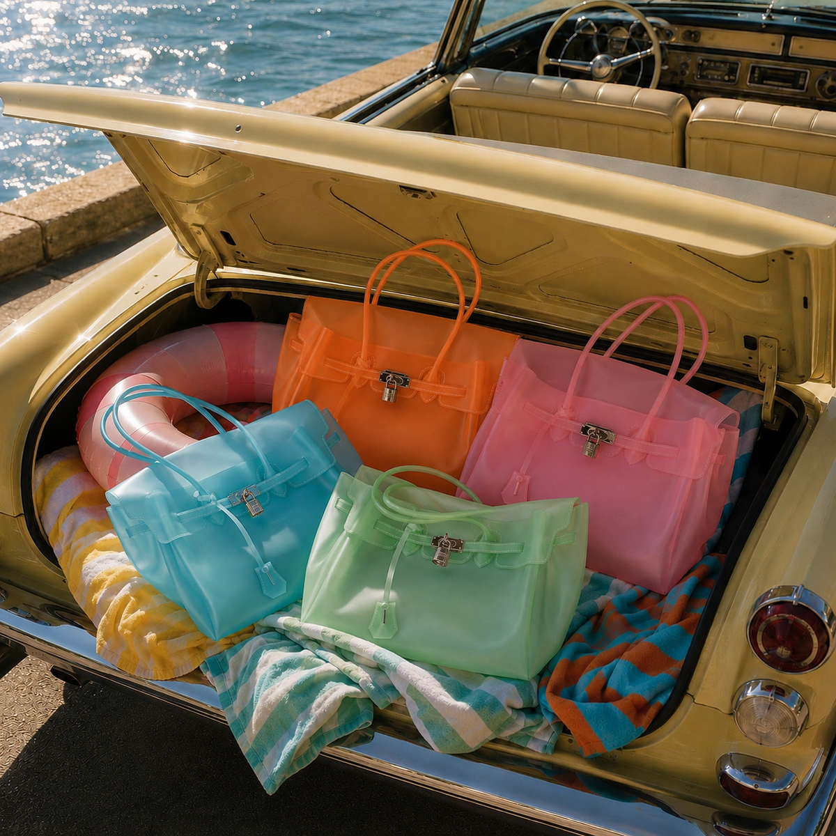 Sac Jelly Firkin Omeya colorés dans un coffre de voiture et été