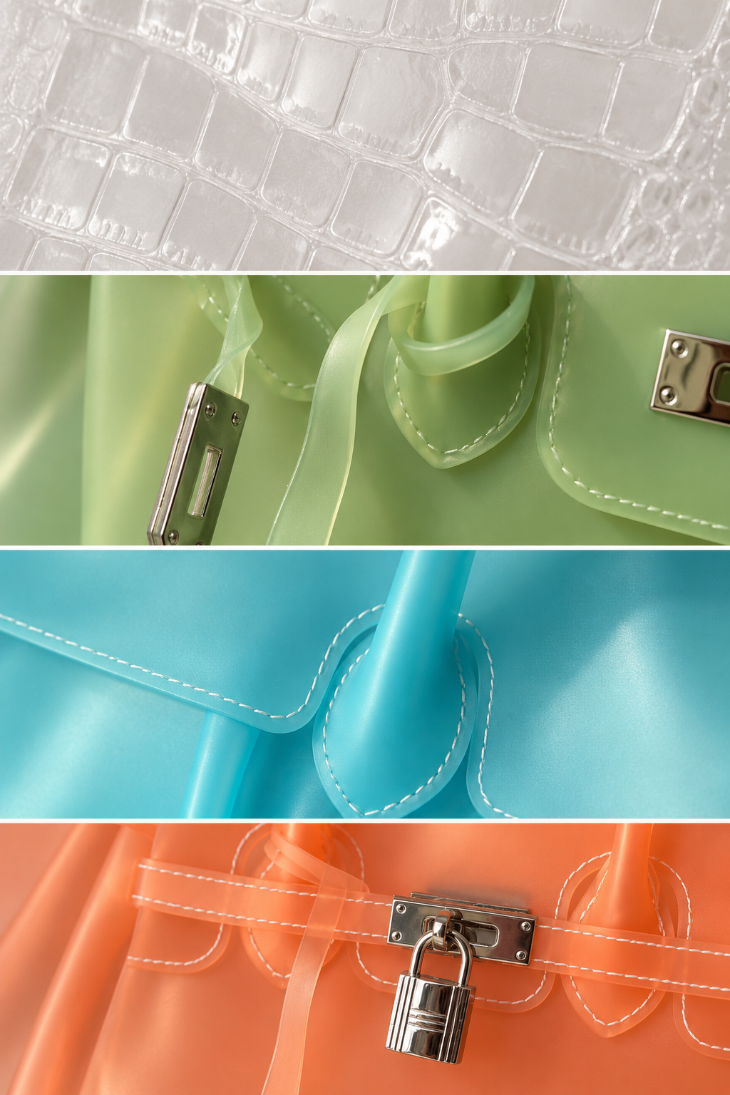 Détails de sacs Jelly Firkin Omeya croco,vert, bleu et orange en TPU