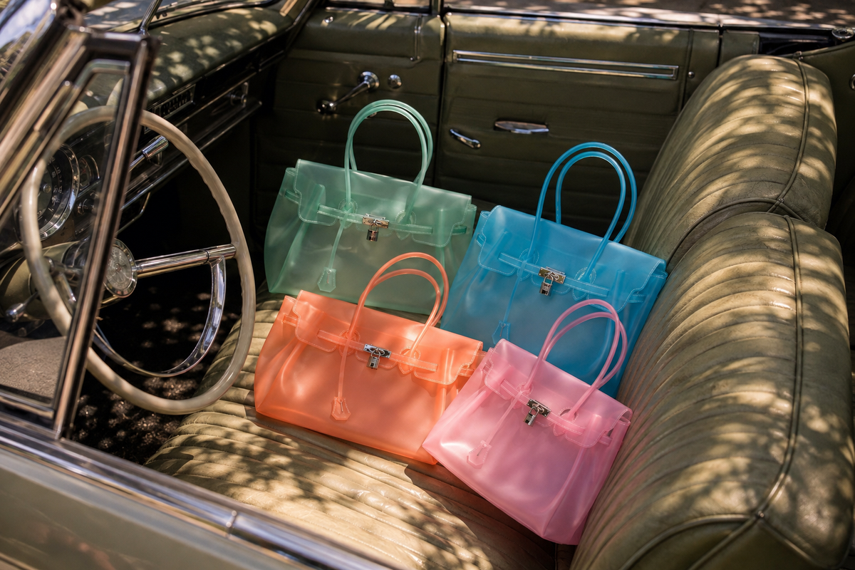 Sacs Jelly Firkin OMEYA Lagoon Blue, Seafoam Mint, Sunset Coral et Cotton Candy dans une voiture vintage